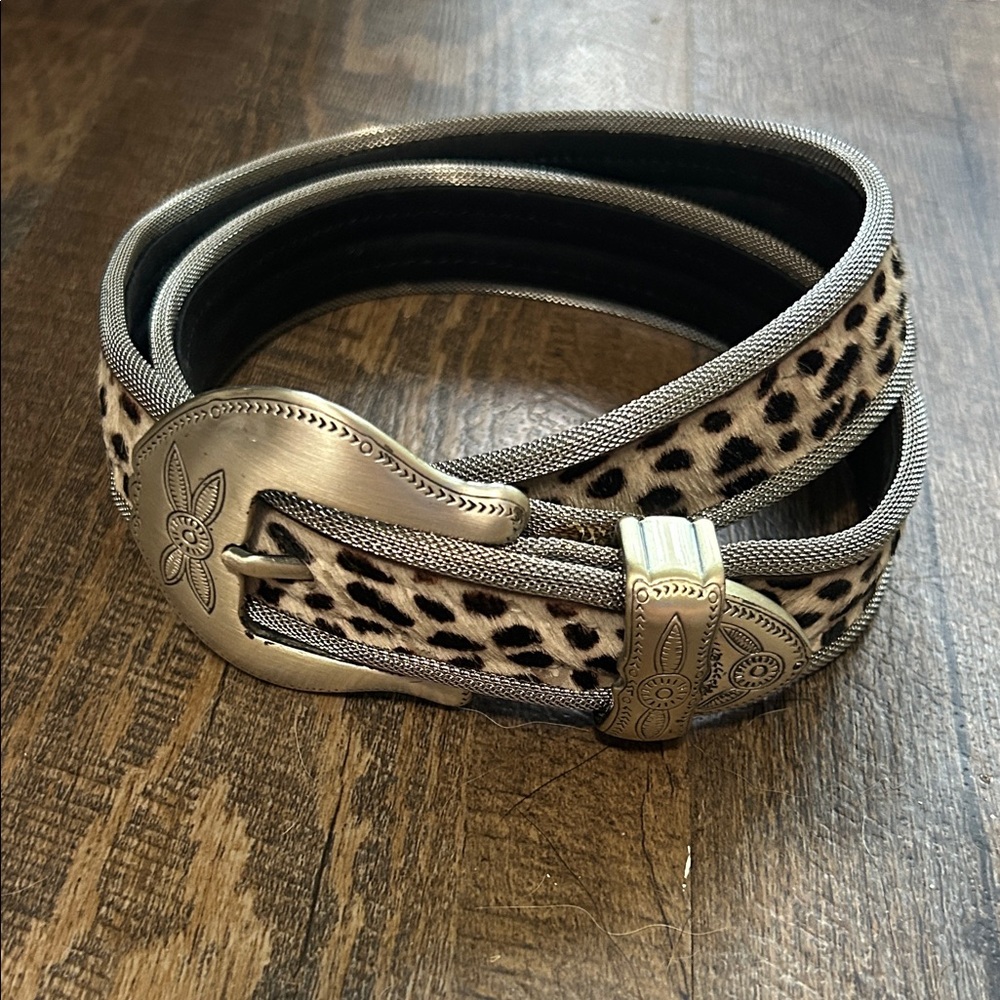 Leopard Print Women's Belt with Silver Buckle